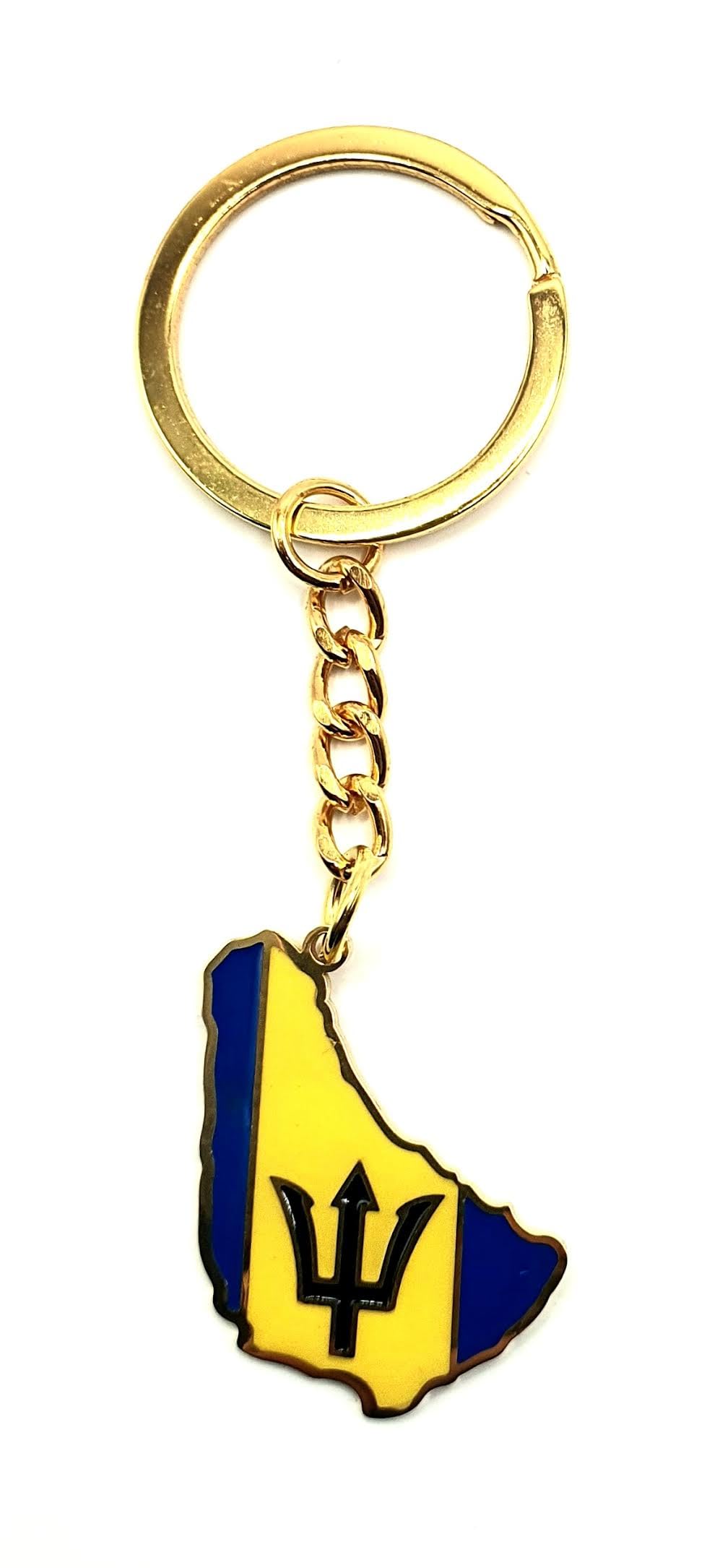 Barbados Caribbean Gold Country Map Flag Key Ring Chain Metal Enamel Keyring