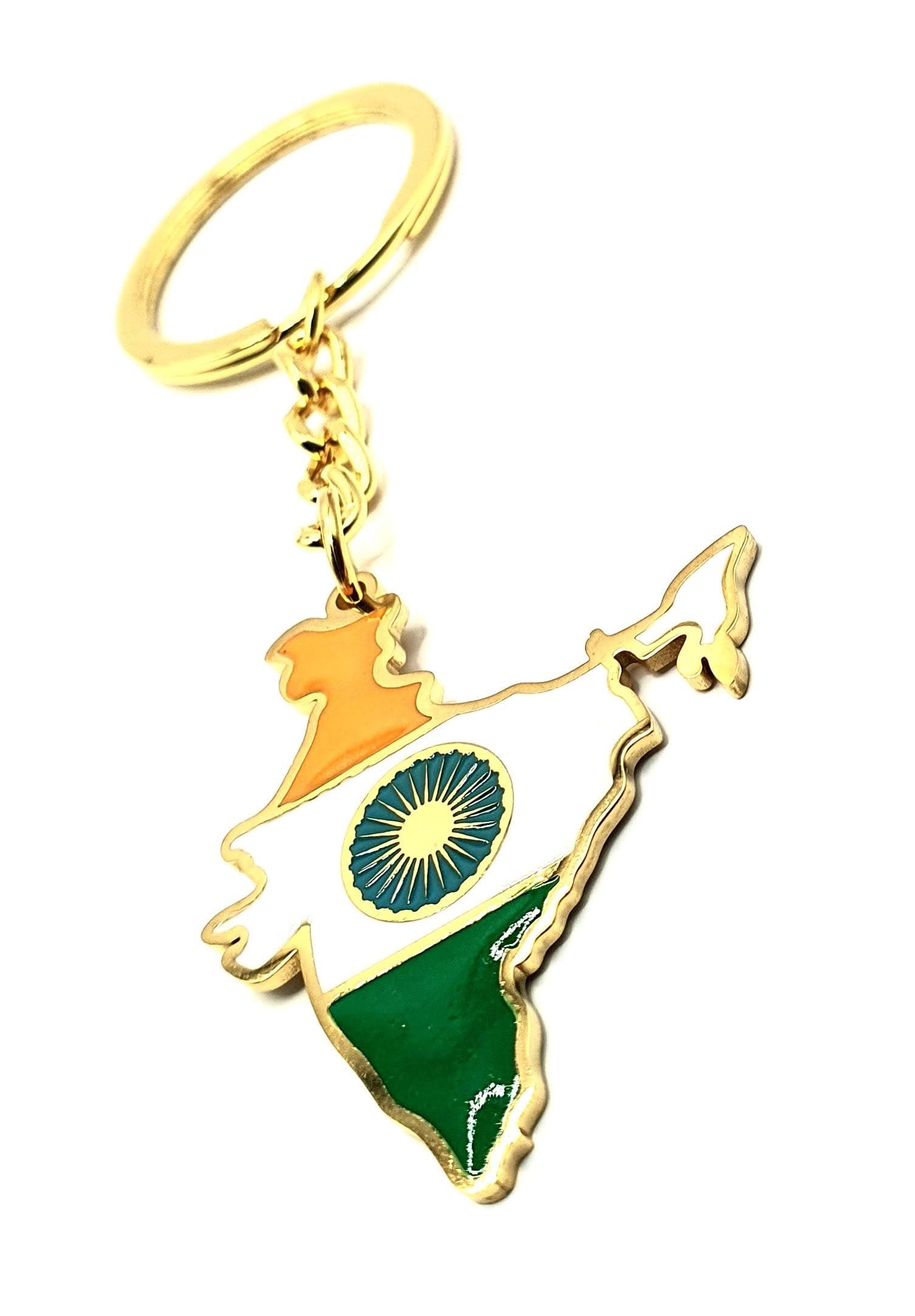 India Indian Map Outline Gold Country Flag Key Ring Chain Metal Enamel Keyring