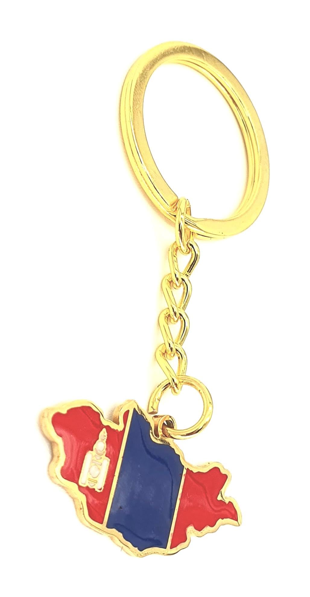 Mongolia Map Outline Gold Country Flag Key Ring Chain Metal Enamel Keyring