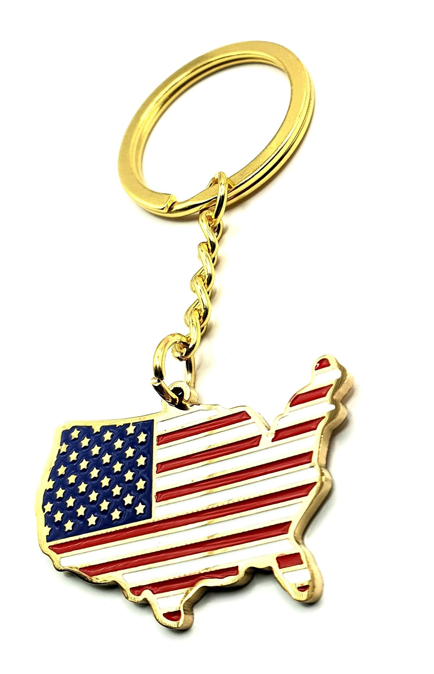 United States of America American USA Gold Country Map Flag Key Ring Chain Metal Enamel Keyring
